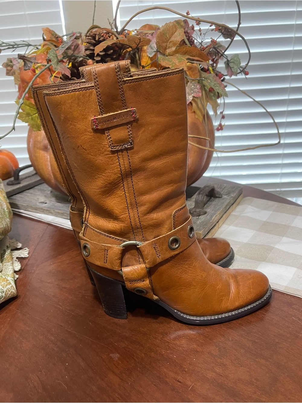Tommy Hilfiger Leather Harness Moto Boots Grommet Block Heel